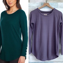 Chaser Waffle Knit Thermal Top Purple Raglan Button Sleeve Casual Womens Small - $14.84