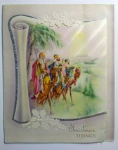Christmas Tidings Camel Riders Greeting Card Embossed Fancy Diecut Vintage 1945 - £7.85 GBP
