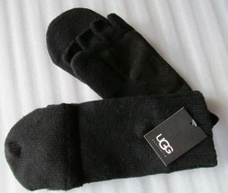 UGG Gloves Knit Flip Calvert Mittens Leather Palm Wool Blend Black L/XL New - $74.24
