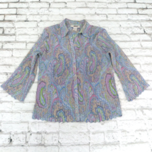 E.K. Designs Shirt Women Medium Blue Paisley 3/4 Sleeve Crinkle Collared Y2K 90s - £14.40 GBP