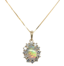 14k Yellow Gold .67ct Australian Genuine Opal Pendant w/ Diamond Halo (#... - $1,311.75
