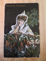 Christmas Antique Postcard Victorian Child with Pinecone and Christmas Tree Bran - £4.80 GBP