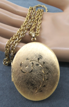 Large Vintage Locket Pendant Necklace Gold Tone Brushed Texture Etched F... - £7.88 GBP