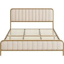 Queen size Gold Metal Platform Bed Frame with Off-White Upholstered Headboard - $7,789.12 MXN