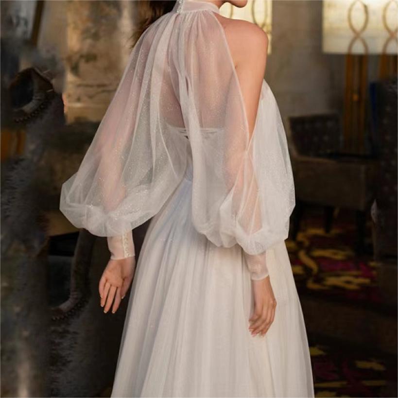 V-neck thigh high slit doctor puff sleeves floor length formal evening dress