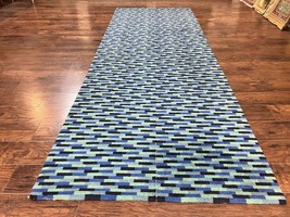 Wide Runner Rug 4.7 x 12 Blue Multicolor Contemporary Wool Mosiac Design Vintage - £1,677.84 GBP