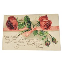Antique Postcard 1908 European Embossed Red Roses Pink Bow 1c Posted Franklin  - £3.11 GBP