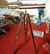 18" Vintage Double Barrel With Wooden Tripod Stand Nautical Spyglass For Decor - £139.79 GBP
