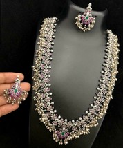 Indian Silver Oxidised Tone Zircon Statement Long Necklace Set Ethnic Jewelry 1 - £101.60 GBP