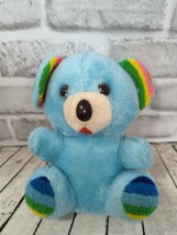 Blue vintage plush teddy bear rainbow striped ears feet broken hanging loop - £15.81 GBP