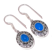 Blue Chalcedony Oval Gemstone 925 Silver Overlay Handmade Drop Dangle Earrings - £7.97 GBP