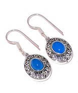 Blue Chalcedony Oval Gemstone 925 Silver Overlay Handmade Drop Dangle Ea... - $13.60 CAD