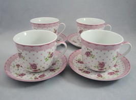 Kent Pottery 1887 Oversize Tea Coffee Cups Saucers Pink Roses Lace &amp; Polka Dots - £47.14 GBP