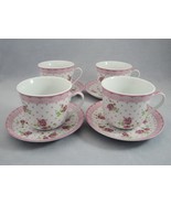 Kent Pottery 1887 Oversize Tea Coffee Cups Saucers Pink Roses Lace & Polka Dots - $58.80