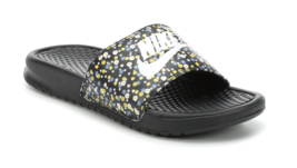 Women Nike Benassi JDI Slide Sandals Black &amp; Blue Gold Flowers - $34.99