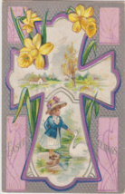Easter Greetings Postcard Lilies Lily Daffodils Cross Girl Swan Series No. 4 - £2.39 GBP