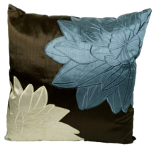 Arlee Home Fashions Brown &amp; Blue Floral Faux Silk &amp; Embroidered Pillow 18&quot; x 18&quot; - £15.42 GBP