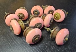 Vintage 10 pc Pink Ceramic Porcelain Brass Relief Cabinet Drawer Pulls Complete - £27.68 GBP