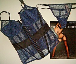 NWT Victoria&#39;s Secret 32C CORSET bustier+thong NAVY BLUE BLACK embroider... - $98.99