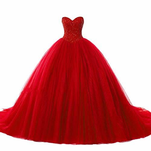 Plus Size Tulle Beaded Top Ball Gown Long Formal Evening Prom Dresses Red US 22W