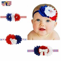 4th Of July Baby Haar Kopfband Amerikanische Flagge Chiffon Blumen Strass Satin - £3.99 GBP+