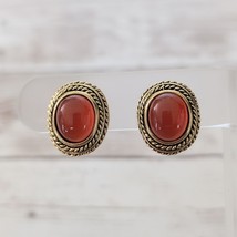 Vintage Clip On Earrings Orange &amp; Gold Tone Oval Statement - £12.04 GBP