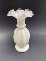 Fenton Art Glass Vase White Milk Glass Melon Shape Ruffle Top 8.75” Ribbed Vase - £27.54 GBP