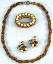 Vintage Miriam Haskell Jewelry Set Pearl Brooch &amp; Earrings Braid Twist N... - £239.49 GBP