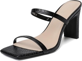 Womens Two Strap Open Toe Block Heeled Sandal Slip On Square Heels(Black,Size:7) - £15.45 GBP