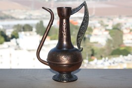 Arts &amp; Crafts 50&#39;s Israel Hammered Copper Coffee Pot with Brass Handle a... - £37.08 GBP