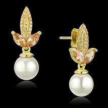 Round Synthetic White Pearl Champagne CZ Stud Yellow Gold Plated Wedding Earring - £63.23 GBP