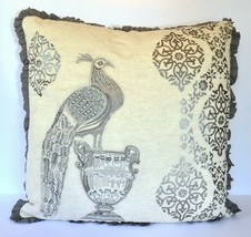 Embroidered Peacock Throw Pillow - Grey &amp; Cream, Ruffled Trim - £38.48 GBP