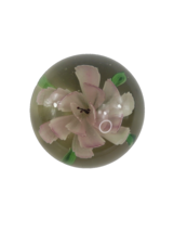 Clear Glass Hand Blown Paperweight Pink Flower Green  - $29.65
