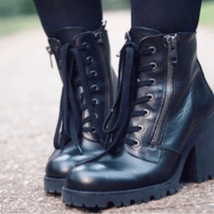 ASH Poker Black Leather Women’s Laceup Combat Boots with Chunky Heel 40 10 - $78.30