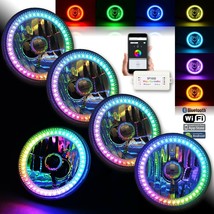 5-3/4&quot; Bluetooth RGB Color Chase Chasing SMD LED Halo Angel Eye H4 Headlight Set - £319.70 GBP