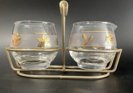 Vintage Libbey CO Golden Leaves Foliage Gold Frosted  Cream Sugar Tray Set - £19.45 GBP