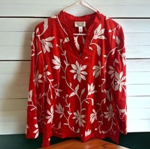 TALBOTS Woman White &amp; Red Floral Embroidered Tunic Top Size 14W V Neck - £23.73 GBP