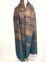 Teal, Burgundy, Gold Striped and Print Scarf with Fringe 16.5&quot; x 74&quot; - £9.86 GBP