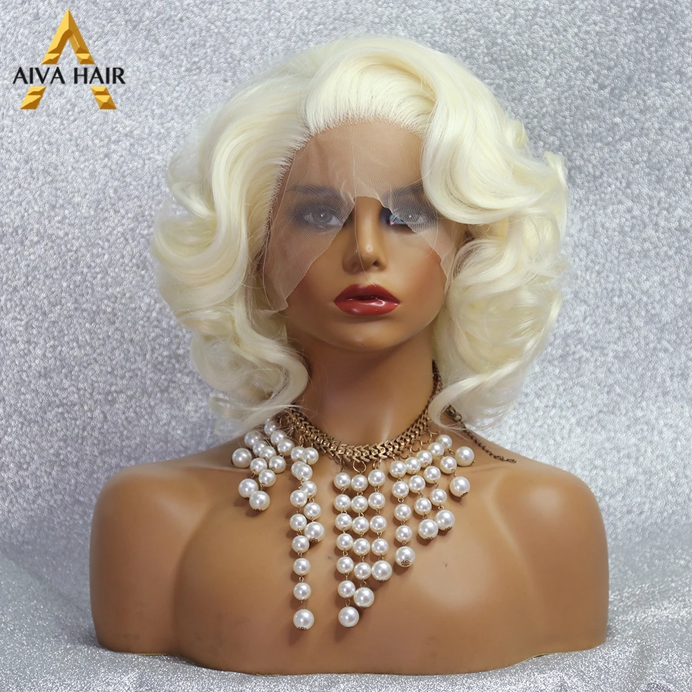Curly Blonde Synthetic Lace Front Wig Glueless Pink Monroe Bob Wig Aiva Peruca - £56.00 GBP+