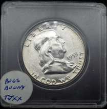 1955 Franklin Half Dollar- CH BU- MS- Bugs Bunny Die Clash- 90% Silver - $65.00