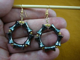 (EE-800-9) Black Hematite 12x6 beaded gemstone hoop dangle circle earrings gold - £25.73 GBP