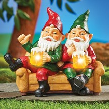 Solar Lighted Best Friend Gnomes Night Out Drinking Beers On Bench Garden Statue - £22.00 GBP