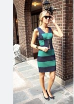 Ann Taylor Sheath Dress 2 Navy Green Colorblock Sleeveless Back Zip Pencil - $26.72