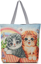 NEW Lg Rainbow Kitty Cat &amp; Butterflies Embroidered Tote Bag, 2 handles, zipper - £13.98 GBP