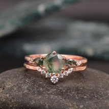 Round moss agate engagement ring set art deco unique gold Curved Wedding Band - £80.89 GBP