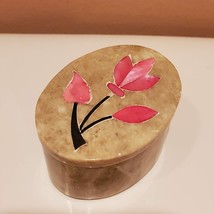 Stone Trinket Box with Pink Mother of Pearl Flower Inlay, Pill Box with Lid