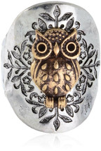 Owl Two Toned Hammered Design Stretch Ring Will Fit Sizes 8 and Up - £34.37 GBP