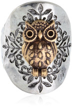 Owl Two Toned Hammered Design Stretch Ring Will Fit Sizes 8 and Up - £32.18 GBP