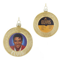 Kurt Adler Elvis® 3.5&quot; Glass Gold Record TWO-SIDED Gold Glittered Xmas Ornament - £11.70 GBP