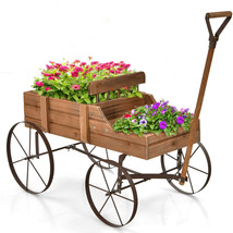 Wooden Garden Flower Planter Wagon Plant Bed W/ Wheel Garden Yard Brown - £67.33 GBP